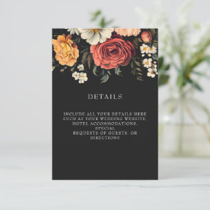 Cartão De Informações Casamento Preto Floral Escuro + Elegante Moody