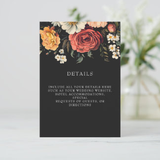 Cartão De Informações Casamento Preto Floral Escuro + Elegante Moody
