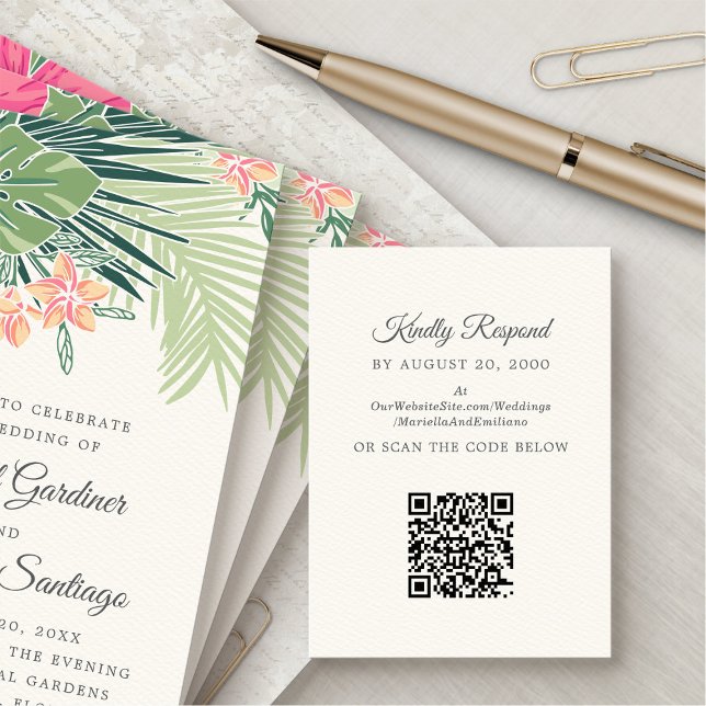 Cartão De Informações Casamento QR de Rattan Tropical RSVP (Criador carregado)