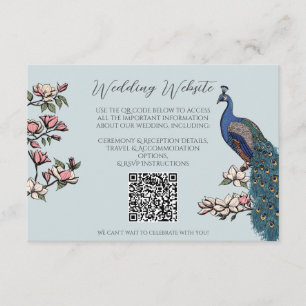 Cartão De Informações Casamento QR Desenhado à Mão com Pavão Azul Francê