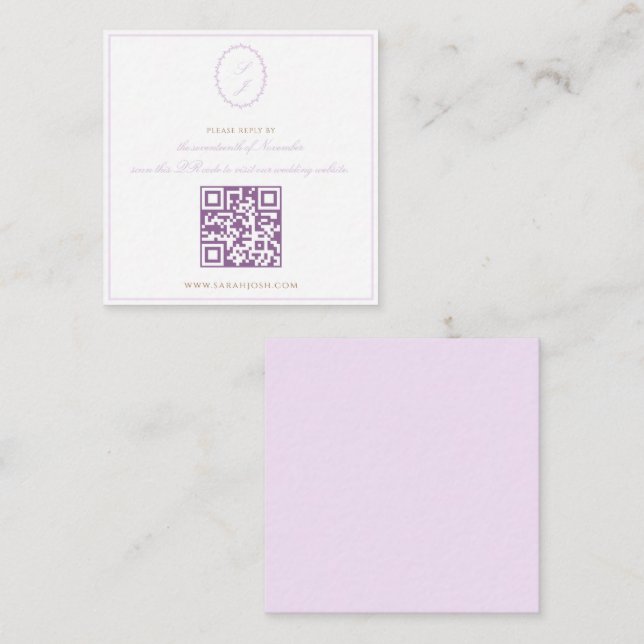 Cartão De Informações Casamento QR RSVP de Monograma Clássico de lavanda (Frente/Verso)