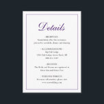 Cartão De Informações Casamento Real Púrpura Clássico Tradicional Elegan<br><div class="desc">Cartão de cerimônia de casamento tradicional e clássico com um simples design com "Detalhes" em um elegante dentro de caligrafia roxa real de uma fronteira fina. A parte de trás é roxa sólida. O modelo permite que você compartilhe informações importantes sobre seu dia especial. Esta design clássica é perfeita para...</div>