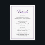 Cartão De Informações Casamento Real Púrpura Clássico Tradicional Elegan<br><div class="desc">Cartão de cerimônia de casamento tradicional e clássico com um simples design com "Detalhes" em um elegante dentro de caligrafia roxa real de uma fronteira fina. A parte de trás é roxa sólida. O modelo permite que você compartilhe informações importantes sobre seu dia especial. Esta design clássica é perfeita para...</div>