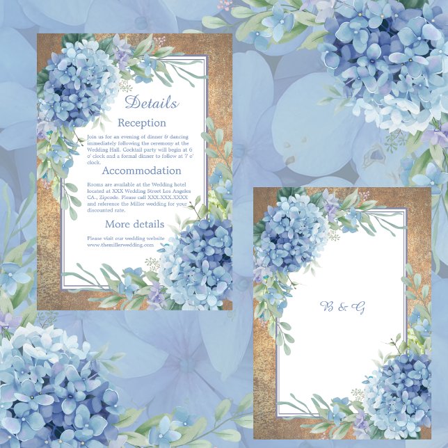 Cartão De Informações Casamento Romântico Blue Hydrangea Monograma (Criador carregado)