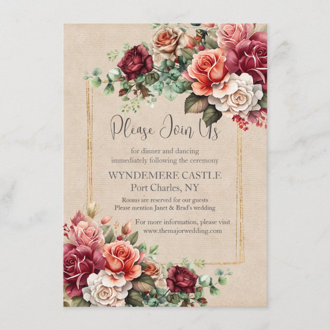 Cartão De Informações Casamento Romântico de Eucalyptus Rosa Floral (Frente)