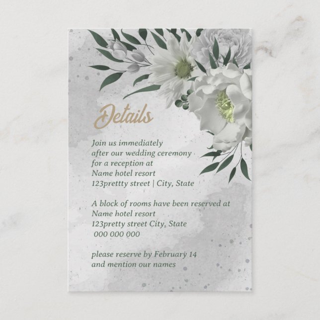 Cartão De Informações casamento romântico de flores brancas (Frente)
