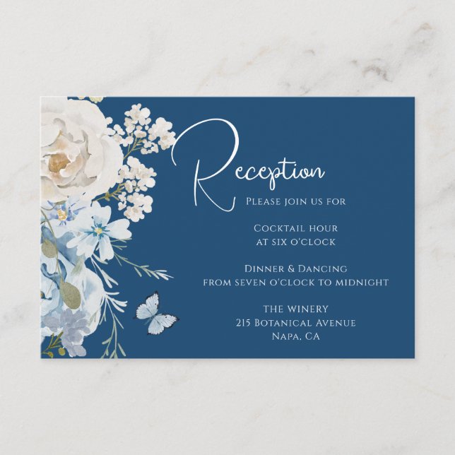 Cartão De Informações Casamento Romântico de Recepção Floral Azul (Frente)