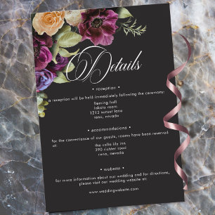 Cartão De Informações Casamento Romântico Floral Escuro Burgundy Sombrio
