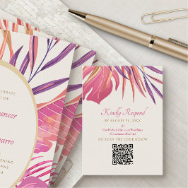 Cartão De Informações Casamento Rosa Tropical Praia RSVP QR