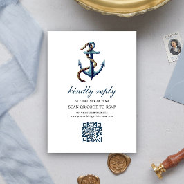 Cartão De Informações Casamento RSVP Código QR Corda Âncora Azul Naval R