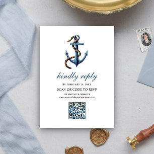 Cartão De Informações Casamento RSVP Código QR Corda Âncora Azul Naval R