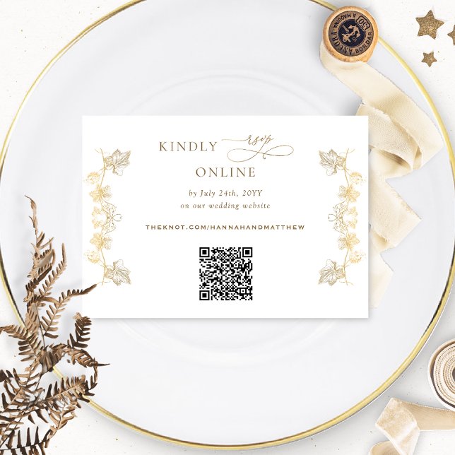 Cartão De Informações Casamento RSVP de Código QR Branco e Dourado (Criador carregado)