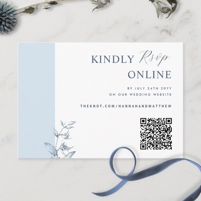 Cartão De Informações Casamento RSVP de Código QR Elegante Azul Dusty (Criador carregado)