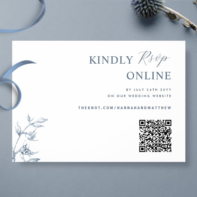 Cartão De Informações Casamento RSVP de Código QR Elegante Azul e Branco (Criador carregado)