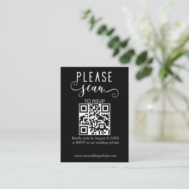 Cartão De Informações Casamento RSVP de Código QR Preto Moderno Elegante (Em pé/Frente)