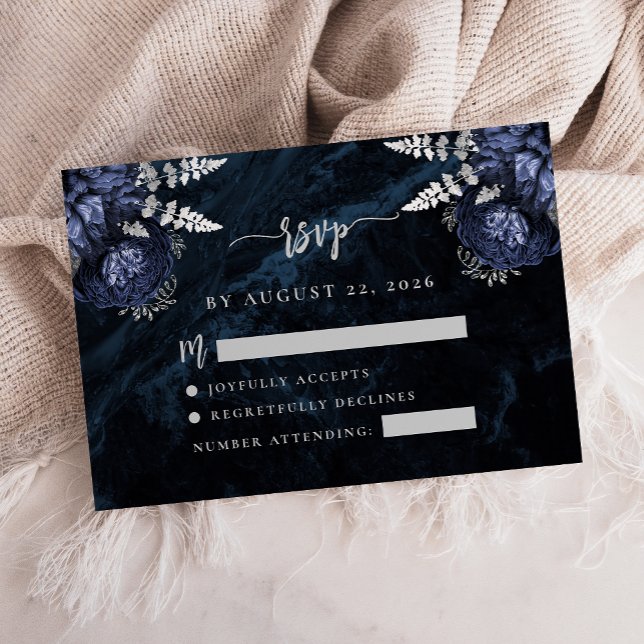 Cartão De Informações Casamento RSVP Floral Azul Marinho em Prata Agata  (Criador carregado)