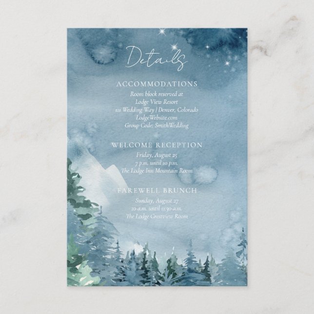 Cartão De Informações Casamento Russo Azul-Escuro das Montanhas Watercol (Frente)