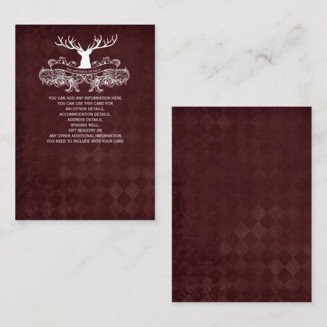 Cartão De Informações Casamento Russo Burgundy Antler Deer Woodland (Frente/Verso)