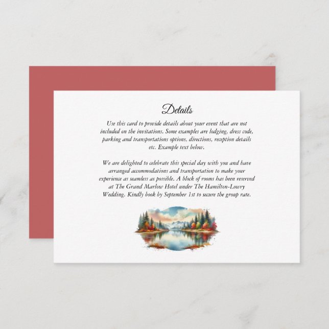 Cartão De Informações Casamento Rustic Autumn Lakeside Forest (Frente/Verso)