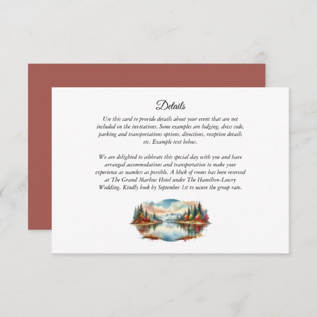 Cartão De Informações Casamento Rustic Autumn Lakeside Forest (Frente/Verso)