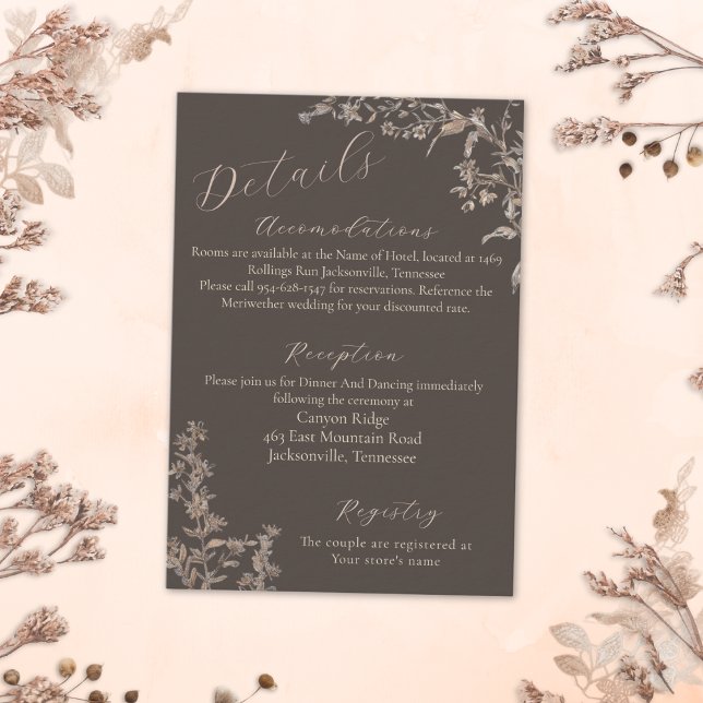 Cartão De Informações Casamento Rustic Elegante Mocha Script Wildflower (Criador carregado)