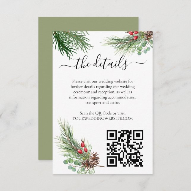 Cartão De Informações Casamento Rustic Winter Berry Pine Greenery (Frente/Verso)