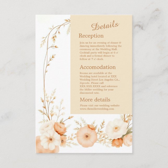 Cartão De Informações Casamento rústico Elegante Beige Floral (Frente)