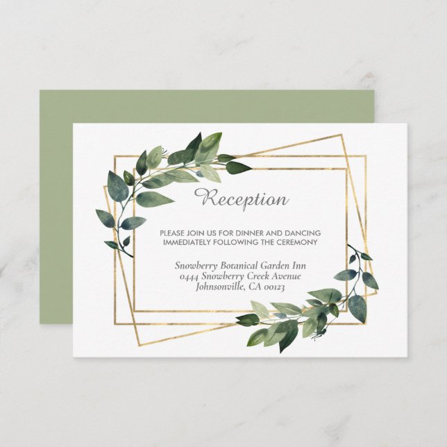 Cartão De Informações Casamento Rústico Geométrico Verde e Dourado (Frente/Verso)