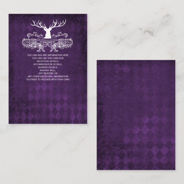 Cartão De Informações Casamento Rústico Roxo Antler Deer Winter Woodland (Frente/Verso)