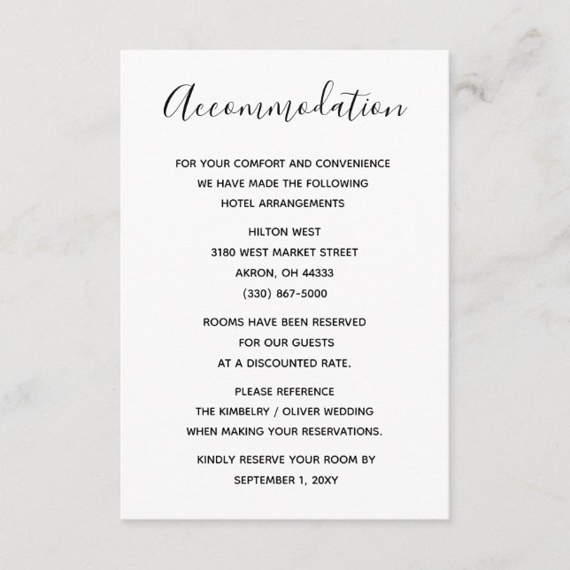 Cartão De Informações Casamento Simples de Caligrafia Branca e Preta (Frente)