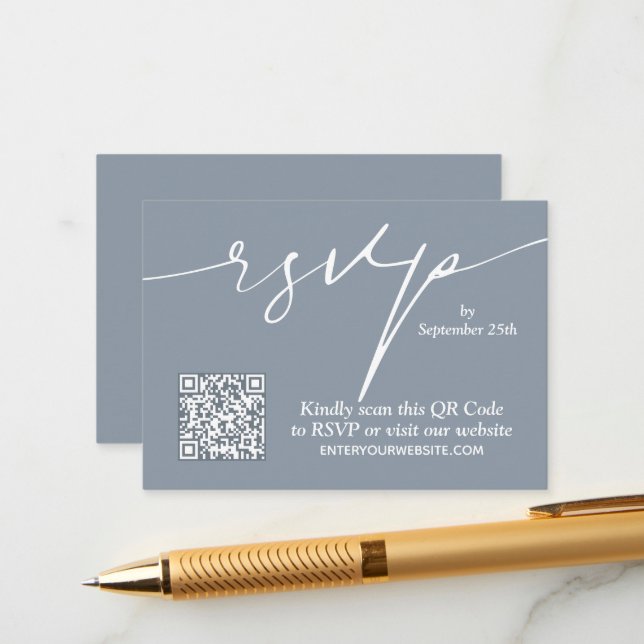 Cartão De Informações Casamento Simples de Código QR Azul Dusty (Frente/Verso In Situ)