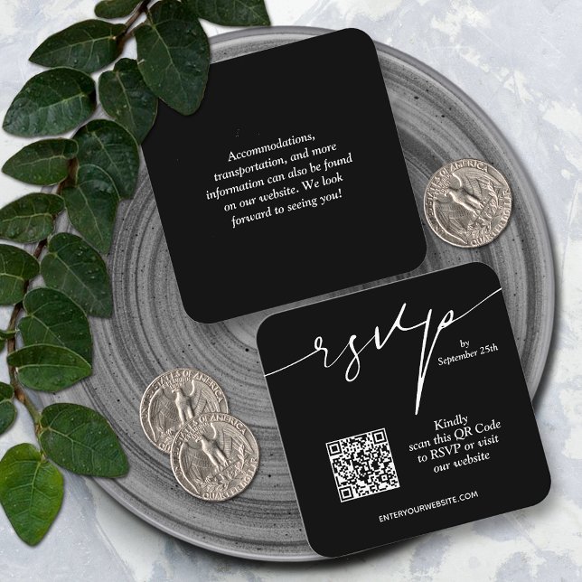 Cartão De Informações Casamento Simples de Código QR Chic (Simple QR code black wedding RSVP cards 2.5" x 2.5")