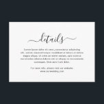 Cartão De Informações Casamento Simples de Script Elegante Preto e Branc<br><div class="desc">Placa de gabinete de casamento moderna em preto e branco minimalista com o cabeçalho editável "Detalhes" em uma tipografia elegante com traços. A cor pode ser alterada para qualquer um que você desejar, clicando no botão "personalizar". Esta simples carta de casamento vai bem com qualquer tipo de suíte de convite...</div>