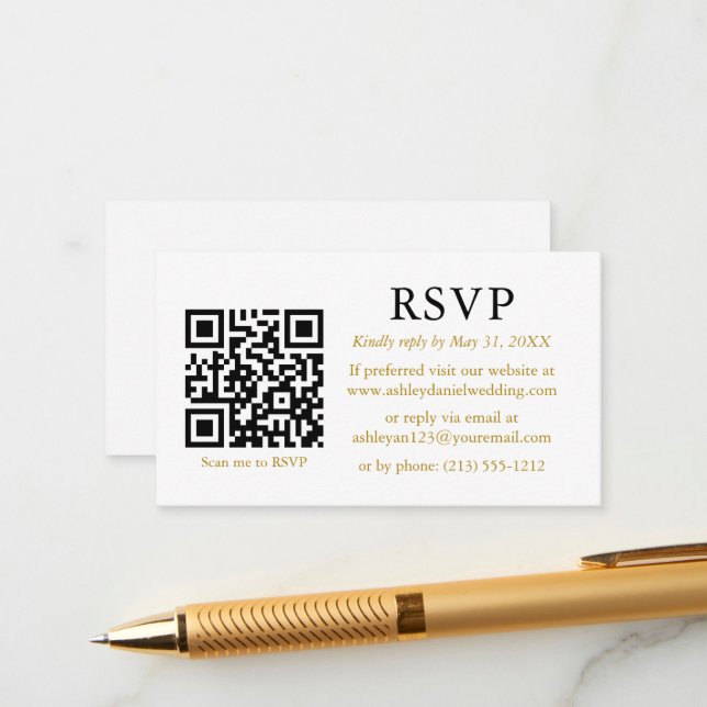Cartão De Informações Casamento Simples Minimalista QR Ouro RSVP (Frente/Verso In Situ)