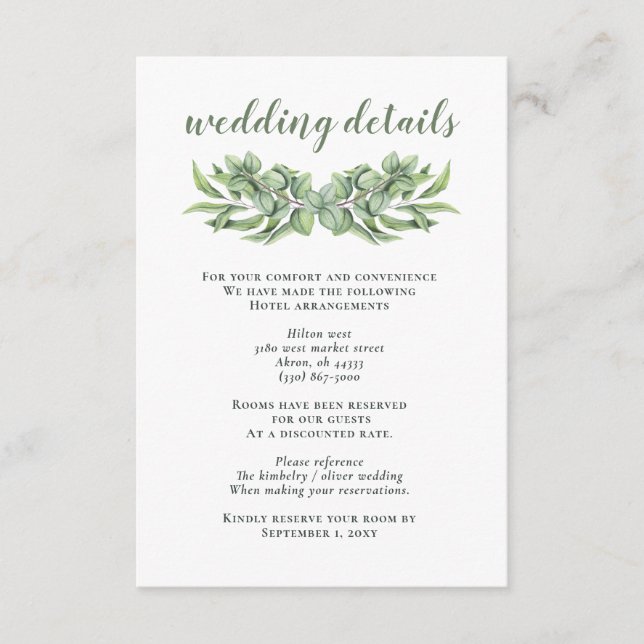 Cartão De Informações Casamento Suculento Rustic Eucalyptus Greenery (Frente)