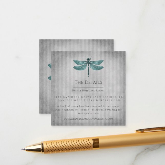 Cartão De Informações Casamento Teal Jeweled Dragonfly (Frente/Verso In Situ)