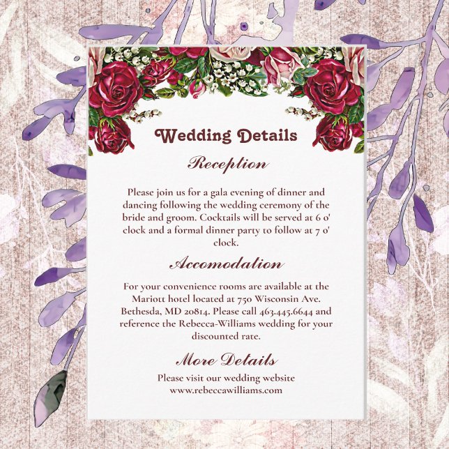 Cartão De Informações Casamento Terrestre Rosas Rústicos Burgundy (Burgundy Red Rustic Roses Garland Country Wedding Enclosure Card)
