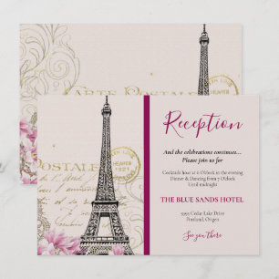 Cartão De Informações Casamento Torre Eiffel Paris Antiga Flores Cor-de-