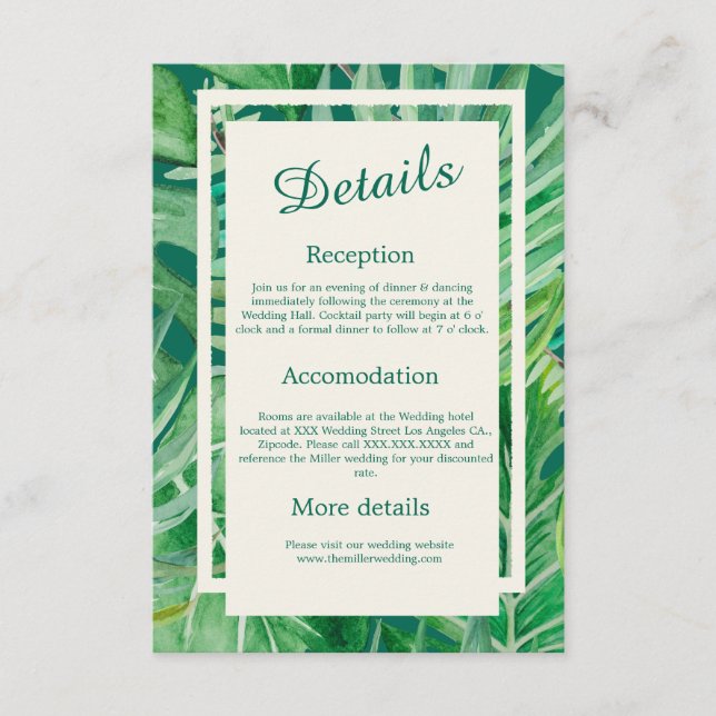 Cartão De Informações casamento tropical de esmerald greenery (Frente)