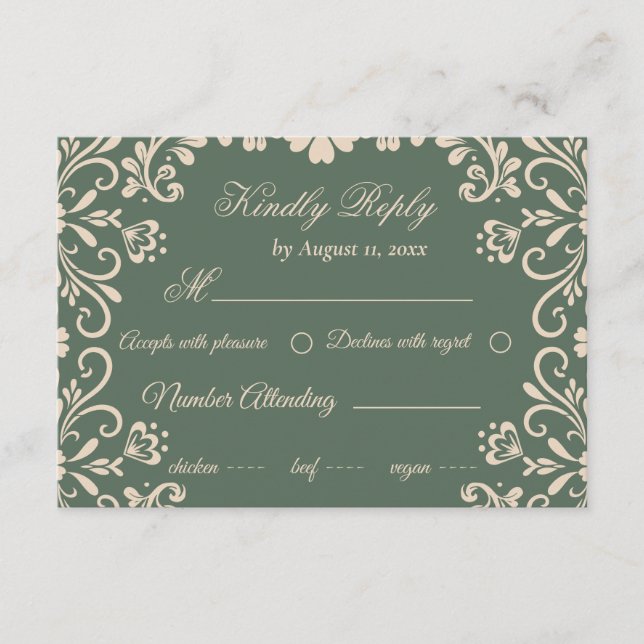 Cartão De Informações Casamento Verde Da Elegante Beige Rsvp (Frente)