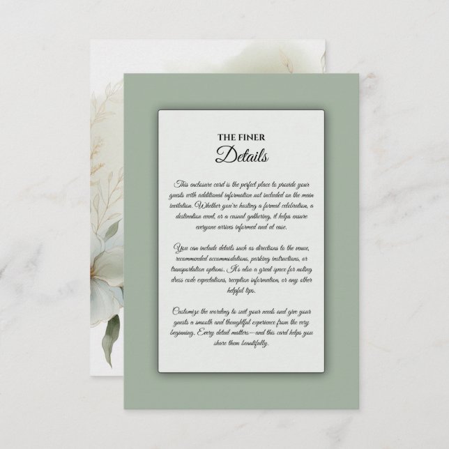 Cartão De Informações Casamento Verde de Sage Floral de Molho (Frente/Verso)