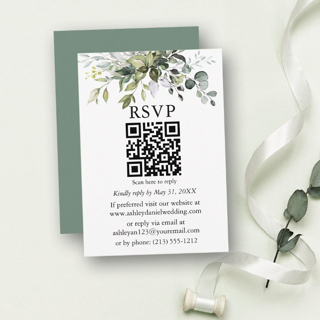 Cartão De Informações Casamento Verde Oliva com Vegetação em Aquarela QR (Customize to change text color, text style or color of back of card.)