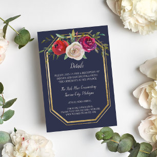 Cartão De Informações Casamento Vermelho Brilhante Azul Marinho Floral R