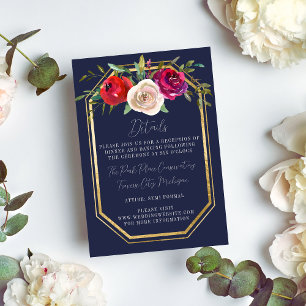 Cartão De Informações Casamento Vermelho Brilhante Azul Marinho Floral R