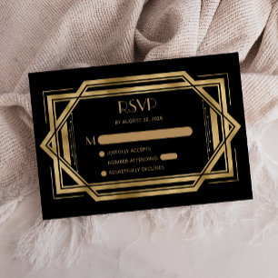 Cartão De Informações Casamento Vintage 1920s Deco Preto Dourado RSVP