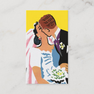 Cartão De Informações Casamento Vintage, Noiva e Noivo Retrô Beijando