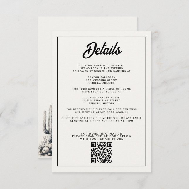 Cartão De Informações Casual Cactus Wedding (Frente/Verso)