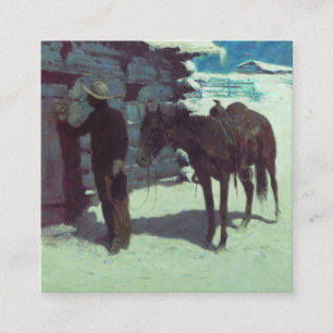 Cartão De Informações Cavalo e Cowboy na Neve de Inverno