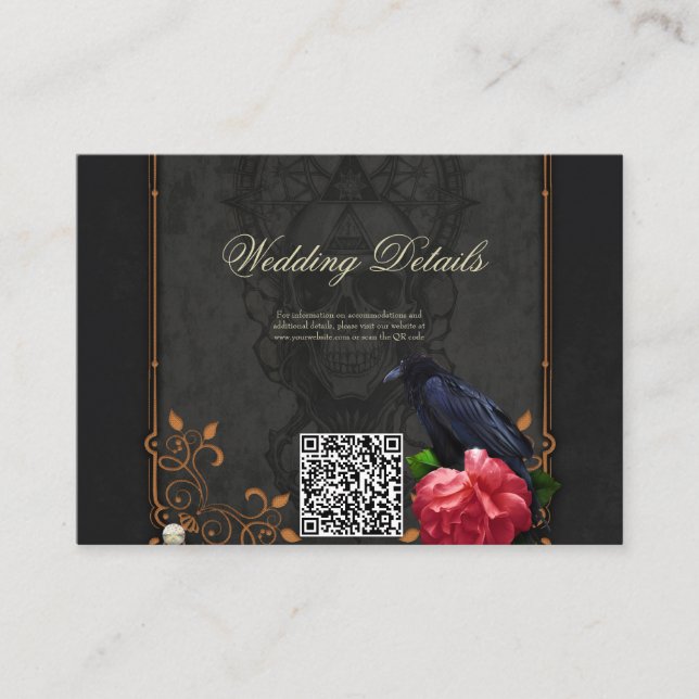 Cartão De Informações Caveira Gótica e Raven. (Frente)