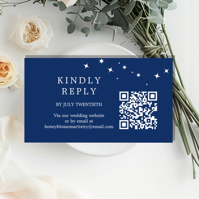 Cartão De Informações Celestial Elegant Wedding Navy Blue QR Code RSVP (Criador carregado)